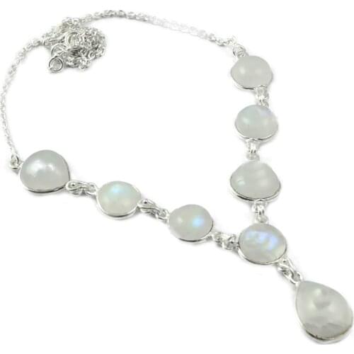 NiaoZaiFei YunZaiKan Nature Rainbow Moonstone Necklace 925 Sterling Silver, 46 cm, MHBNE0054