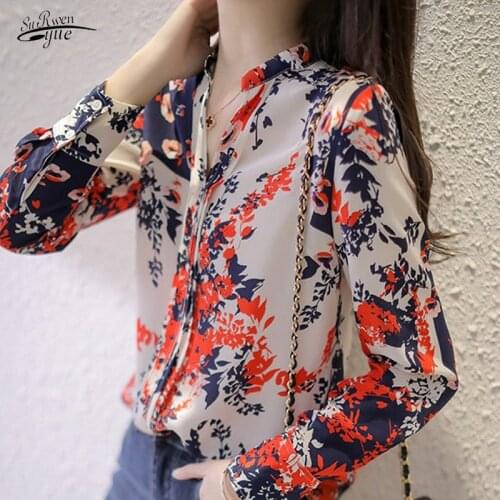 New autumn all-match shirt V-neck commuter casual printed chiffon shirt long-sleeved blouse women 16119