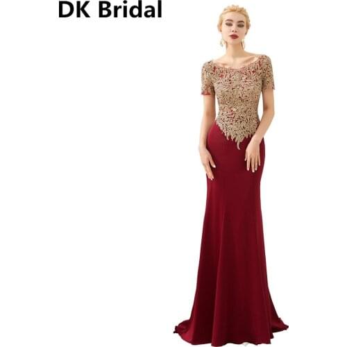 Charming Burgundy Mermaid Evening Dress Long Gold Pattern Evening Gown Sexy Boat Neck Formal Party Dress Vestido de Festa