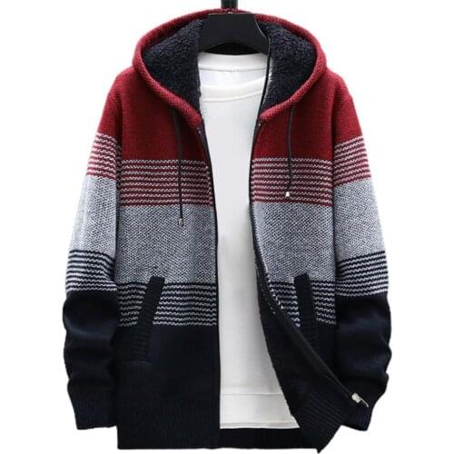 Autumn Mens Jacket Knitted Coat Color Block Hooded Autumn Winter Thicken Plush Warm Cardigan Sweater
