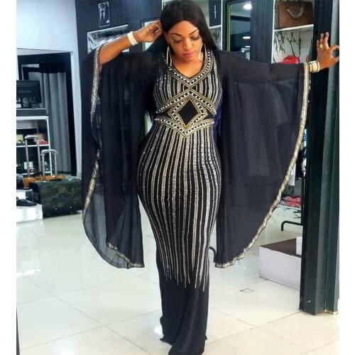 African Muslim Abaya Women Diamond Kaftan Chiffon Dress Large Sleeve Slim Fishtail Long Vestido Moroccan Kaftan Islamic Clothing
