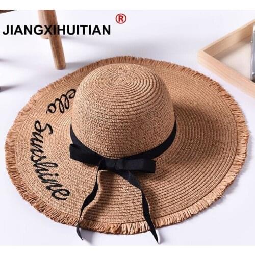 Handmade Weave letter Sun Hats For Women Black Ribbon Lace Up Large Brim Straw Hat Outdoor Beach hat Summer Caps Chapeu Feminino