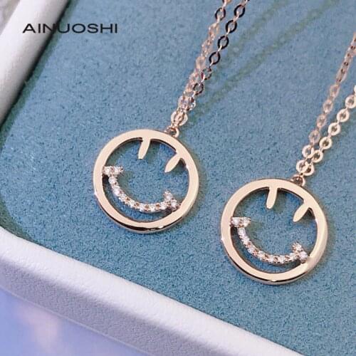 AINUOSHI 18K Gold Round Cut 0.03ct Natural Diamond Happy Smiley Pendant Necklace Jewelry Suitable for Everyday Wear 18