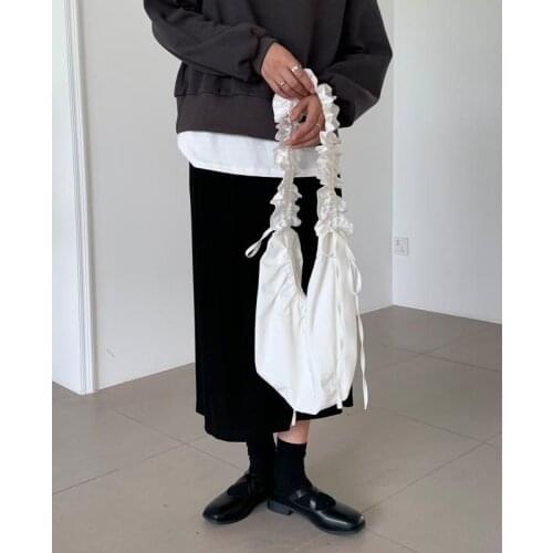 Casual fold lace shopping bag drawstring design large capacity shoulder bag canvas women bags 01-SB-zzhbcs