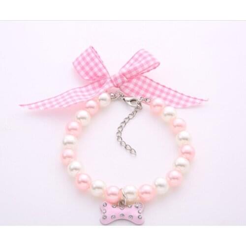 Pink Hot Sale Dog Pearls Necklace Collar Crystal Bone Pendant Pet Puppy Cat Jewelry S/M/L Pet Boutique Mini Bone Necklace