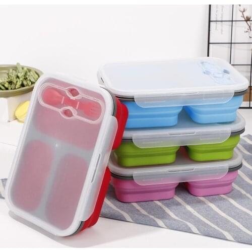 Three Grid Silicone Folding Lunch Box Portable Foldable Lunch Box Fresh-keeping Box With Fork And Spoon Lunch Box