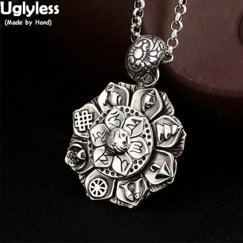 Uglyless Buddhism Lotus Flower Pendants NO Chains Unisex Men Women Vajra Necklaces 925 Silver Eight Treasures Jewelry Religious