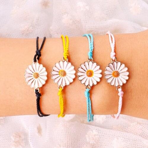 Bohemian Style Sun Flower Bracelet Handmade Waterproof Wax Line Chrysanthemum Pendant Charm Bracelet For Women Summer Beach Jewe