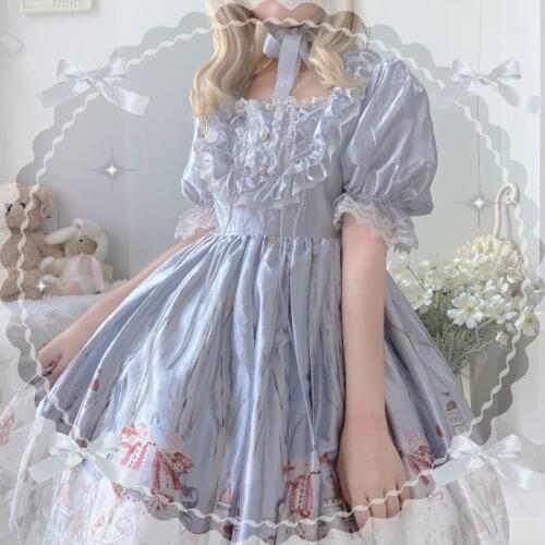 Japanese Sweety Lolita Style Girly Party Dress Kawaii Square Collar Bandage Bow Puff Sleeve Lace Ruffles Dresses For Female