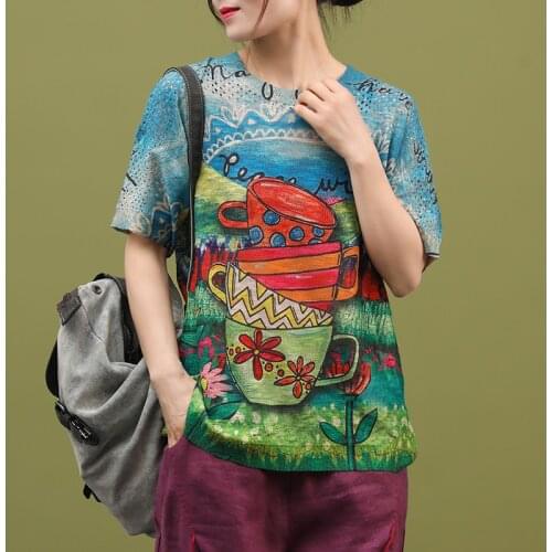 Lamtrip Unique Oil Painting Sunflower Colorful Print Knitted Cotton Short Sleeve Retro Tee T-Shirt Women Top 2021 Summer