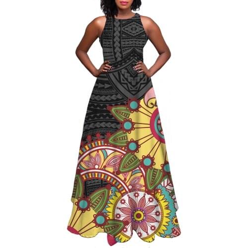 Hycool Free Shipping Polynesian Tribal Stripe Print Sleeveless Black WomenS Summer Dress 2021 A-Line Maxi Casual Dresses Woman