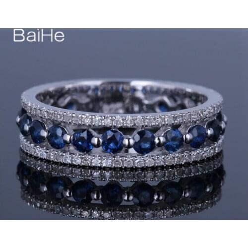 BAIHE Sterling Silver 925 1.7CT H/SI Round Natural Diamonds Sapphires Wedding Women Trendy Fine Jewelry Diamonds Sapphire Ring