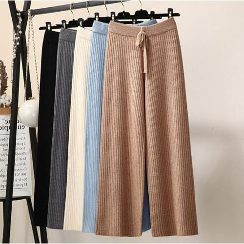 2019 Autumn Winter Thick Casual Knitted Pants Women Female High Waist Knitted Wide Leg Pants Loose Faux rabbit fur Trousers