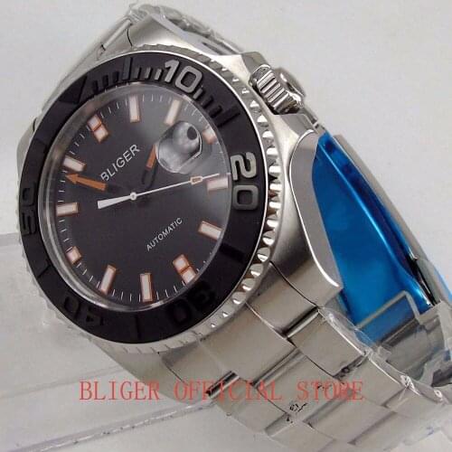 New 43mm Mens Watch Black Dial Luminous Orange Marks Black Ceramic Bezel Miyota 8215 Automatic movement wristwatch