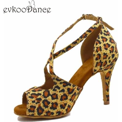 Evkoodance Size US 4-12 8.5cm Heel Height leopard satin with salsa Zapatos De Bail Professional Shoes For Women Evkoo-586