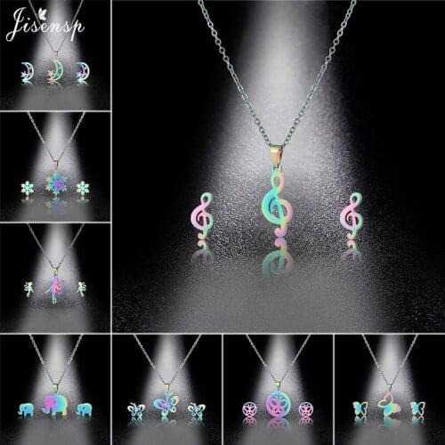 Jisensp Colorful Stainless Steel Jewelry Set Lovely Design Music Note Butterfly Fairy Pendant Necklace Earrings for Women Girls