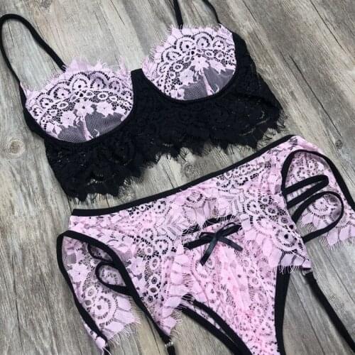 Pink Lace Garter Belts Lace Push Up Bra and Panty Set XL Lingerie Set Womens Underwear Sleepwear 3 Piece Ropa Sexy Para El Sexo