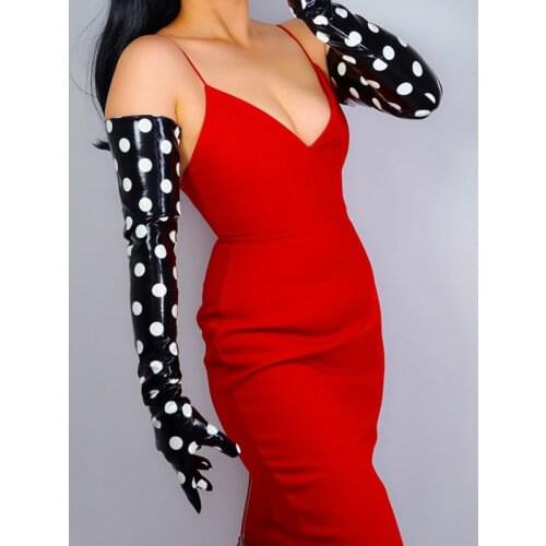 LATEX LONG GLOVES Faux Shine Patent Leather 28" 70cm Large Polka Dot Slim Fit Women Leather Gloves WPU267