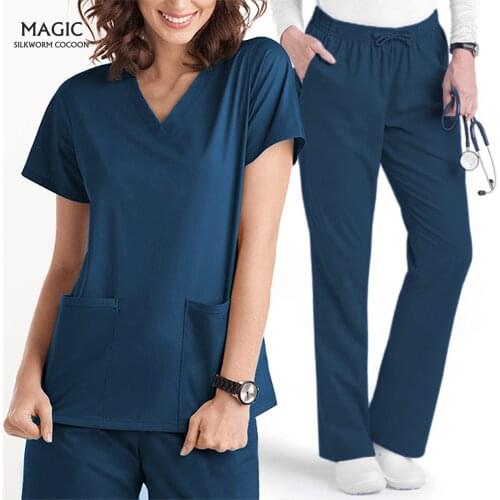 Short Sleeve Summer Workwear Tops V-Neck Pocket Care Workers Tops+pants Pet Clinic Blouse 2021 Womens Solid Color Nurse Uniform