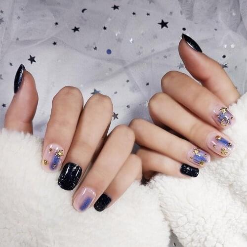 24pcs Women Fake Nails with glue Shiny Solid Blue Short Full False Nail Full Tips Starry sky Metal Decoration artificial nails