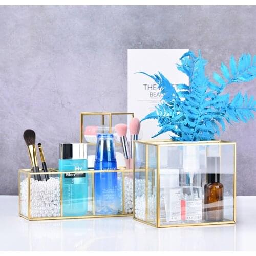 Nordic Glass Copper Geometric Pen Holder Makeup Brush Glass Boxes Multifunction Desktop Organizer Home Jewelry Storage
