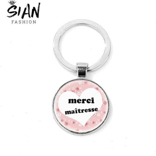 SIAN 2019 New Design Merci Mistress Keychain High Grade Silver Plated Art Glass Charm Key Ring Holder Quote Jewelry Teacher Gift
