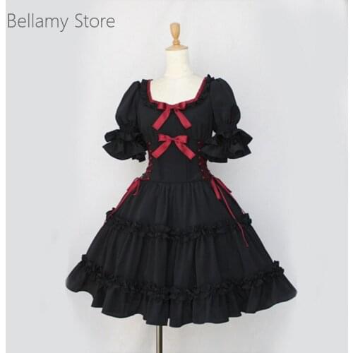 Daily Gothic Lolita square neck short sleeve bubble sleeve lace up bow puff dress