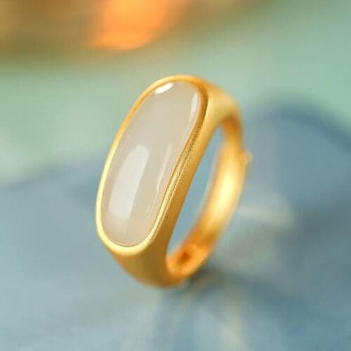 S925 Silver Plated Inlaid Natural Hetian Smoky Gray Jade Elegant Saddle Ring Open Adjustable Ring Ornament