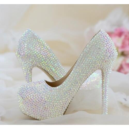 Plus Size 43 Bling Bling Crystal Wedding Shoes Bride Round Toe High Platform White Pearl Decor Pumps Women Shoes Real Photo