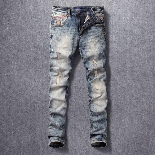Fashion Streetwear Men Jeans High Quality Retro Gray Blue Ripped Jeans Men Elastic Cotton Slim Fit Painted Designer Denim Pants