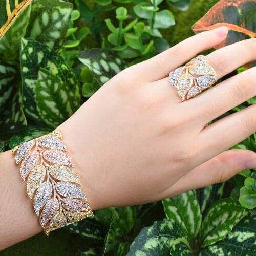 Blachette Cubic Zirconia Stones Wide Leaves Bangle Ring Jewelry Set For Bridal Wedding Banquet Holiday Accessories High Quality