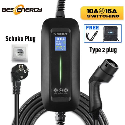 Type2 Protable EV Charger Electric Vehicle Car Chargers SCHUKO Plug 8/10/13/16A 220v Switchable Length 6.5M Free BAG And Hook