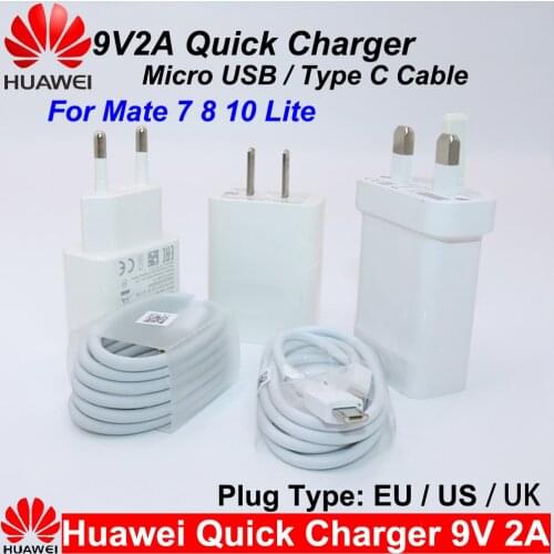 Huawei 9V2A EU/US/UK Fast charger QC2.0 Quick Fast Charge Adapter Micro USB/Type C Cable For Mate 7 8 10Lite P8 9 10Lite Honor 8
