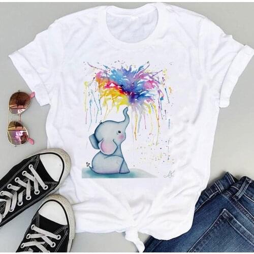 Women Cartoon Elephant Watercolor Fashion Cute Fashion Print Sweet Summer Short Sleeve Lovely Clothes Tops Tees Tshirt T-Shirt