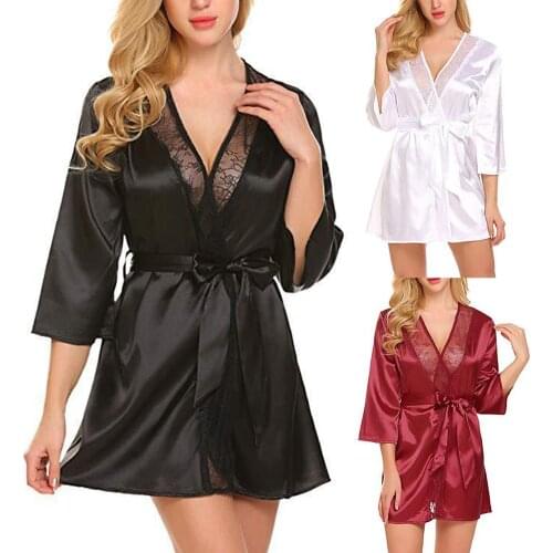 Ladies Sexy Nightwear Bride Robes Women Solid Color Sexy V Neck 3/4 Sleeve Lace Stitching Belt Loose Nightgown Sleepwear Summer