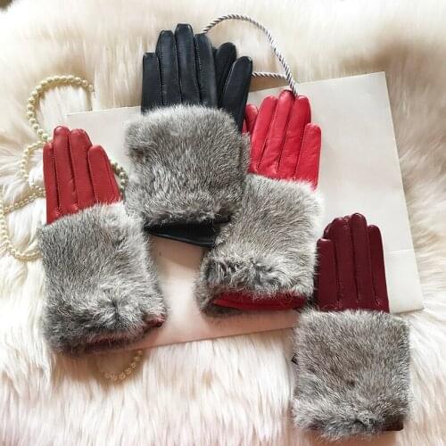 Womens 100%Real Leather Gloves Cute Rabbit Fur Autumn And Winter Warm Sheepskin Gloves Real Fur Mittens Free Shipping