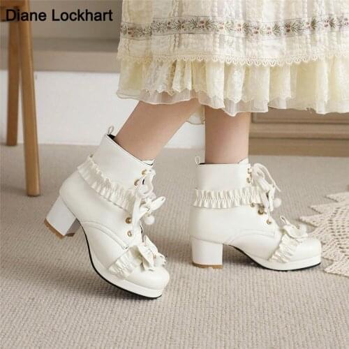 Vintage Girls Japanese Lolita Ankle Boots Women Cute Bow Princess Shoes Ladies Square Heel Uniform Colsplay Party shoes White