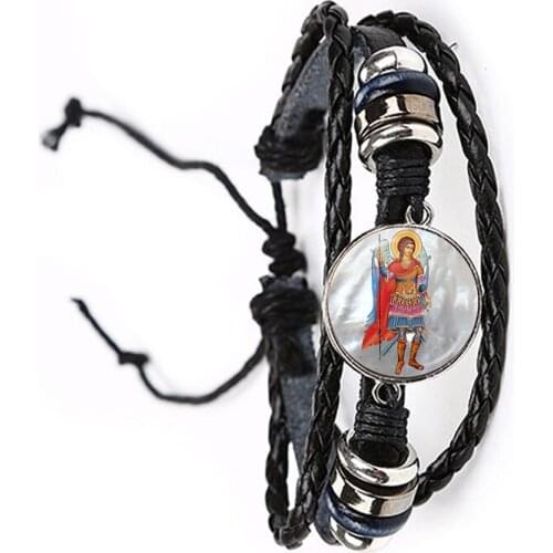 Glass Cabochon Bracelet Archangel St.Michael Protect Me Saint Shield Protection Charm Russian Orhodox Bangle Jewelry For Gift