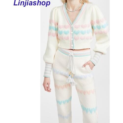 Women Sweater Cardigans 2021 Autumn Korean Fashion Single Breasted Love Striped V-Neck Casual Knitted Tops Za Traf Clothes Mujer