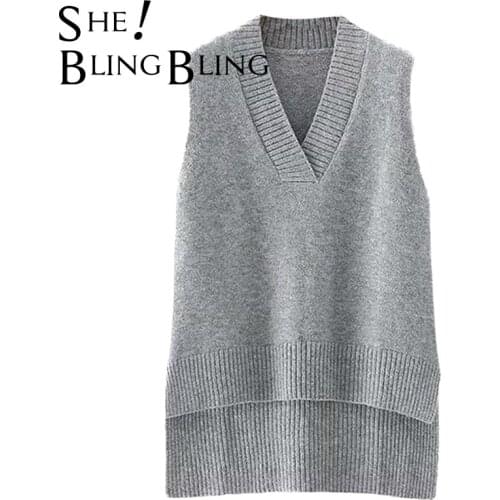 SheBlingBling Za Woman 2021 Casual Traf Pull Femme Autumn Winter Sleeveless V Neck High Low Hem Knit Vest Long Sweaters Gilets
