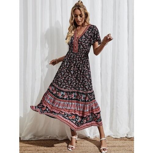 Happie Queens women floral print v-neck beach Bohemian madi dress Ladies cotton Boho pleated dress vestidos