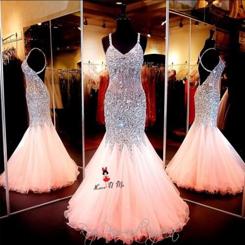 Sexy Pageant Pink Gold Crystals Long Evening Gowns Vestidos de Noche Tulle Mermaid Prom Dresses Elegant Rhinestones Women Party