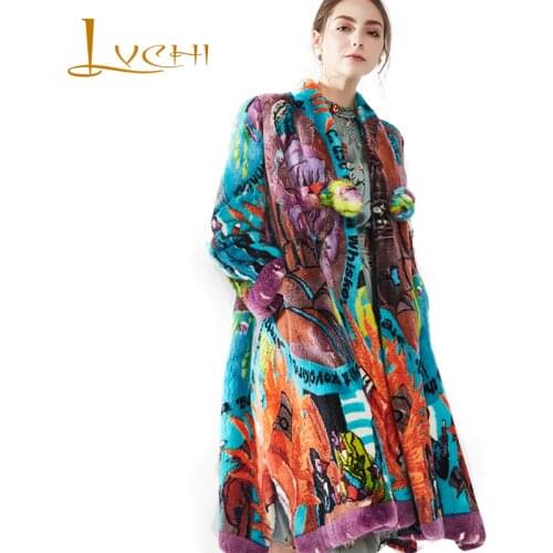 LVCHI Winter2017 Imported Swan Velvet Mink Womens Natural Real Fur Coat V-Neck Print Flower Medium Single Button Mink Fur Coats