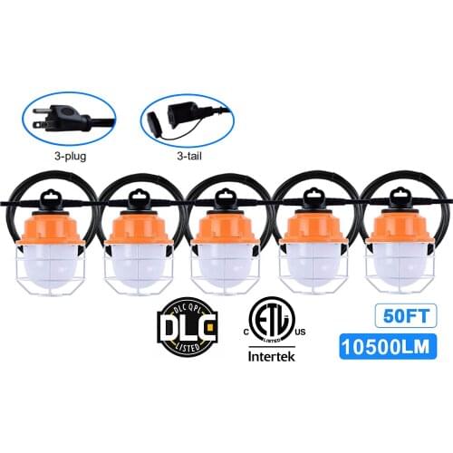 100 200W LED Construction String Light 50ftTemporary Work Light Linkable Job Site Light with Guard,Weatherproof Industrial Grade