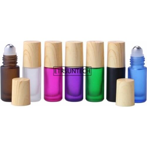 100pcs 5ML MultiColor Thick Glass Wood Grain Cover Roll On Essential Oil Empty Parfum Bottles Roller Ball Travel F3317