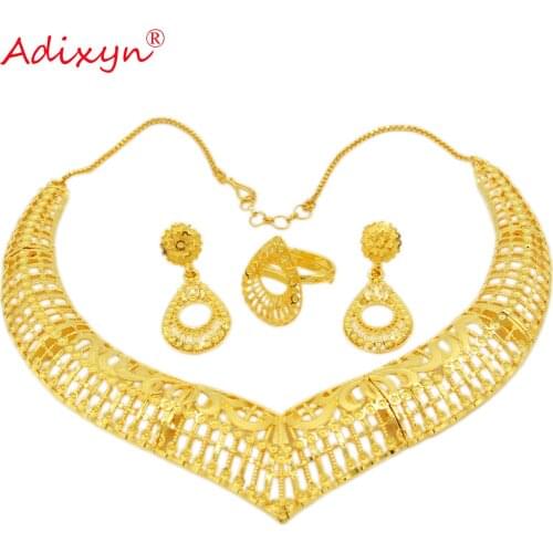 Adixyn Hollow Shape Gold Choker Chain Earrings Ring Jewelry Set Gold Color Copper Jewelry For Women Girls Party Gifts N12307