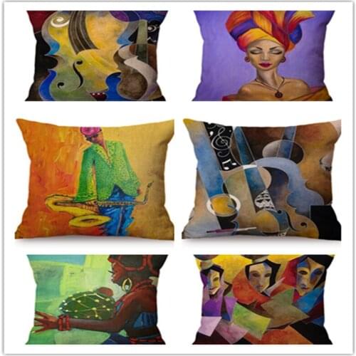 Africa Traditional Culture Art Decoration Cushion Cover Colourful African Woman Abstract Music Artist Note Throw Pillow Case