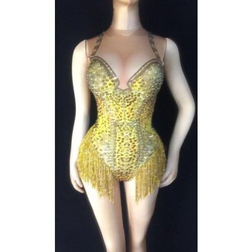 2019 Yellow Gold Crystal Bodysuit Womens Sleeveless Outfit Dance Stage Show Nightclub Costume Singer Bodysuit in Tassels