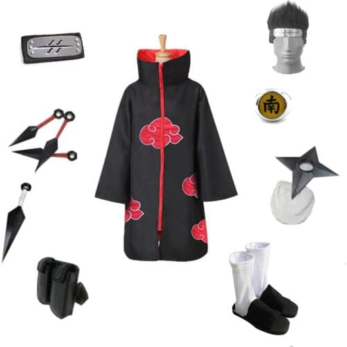 Brdwn NARUTO Akatsuki Hoshellogaki Kisame Ninja Cosplay costume (red cloud cloak+headband+shoes+Accessories)