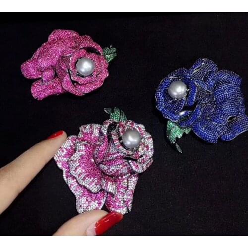 Big rose flower brooch 925 sterling silver with pearl rose red blue and multi color free shipping fine women jewelry 60*59MM